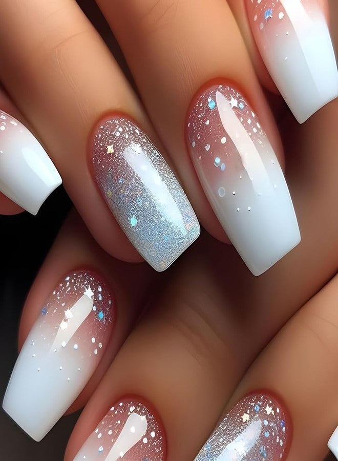 TOGZOM Ombre Press on Nails Medium Square Fake Nails Glitter Acrylic Nails Cute Blue White Gradient Artificial Nails Short Coffin False Nails Press ons Glossy Stick on Nails for Women Girls Manicure 24Pcs - Image 1